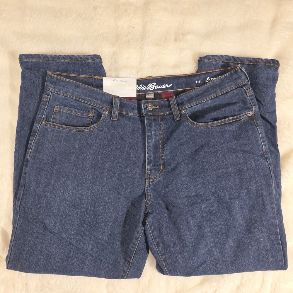 Eddie Bauer Flannel Lined Denim Men 36x30 Blue NWT Straight Fit Stretch 064